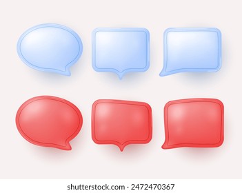 Collection of speech bubbles in red and blue colors. Chat dialogue or text in modern 3D style isolated on a light background. Vector illustration.