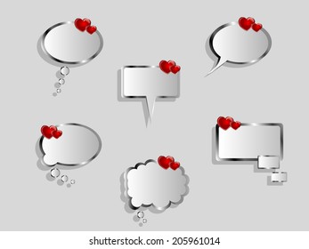 Collection of speech bubbles with red hearts