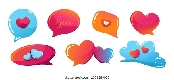 Collection of speech bubbles in the shape of a heart. Elements for Valentine's Day, wedding, birthday. Vector illustration.