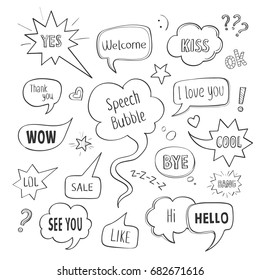 A collection of speech bubbles with short popular phrases. Hand Drawing Doodle Set