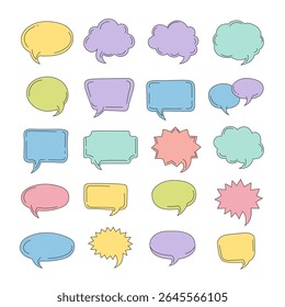 Collection of speech bubbles and thought clouds in a colorful hand-drawn doodle style. This pastel sketch set includes various shapes for comics, notes, or dialogue. Isolated on a white background