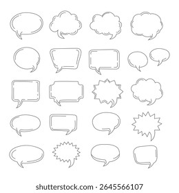 Collection of speech bubbles and thought clouds in a hand-drawn doodle style. This black and white sketch set includes various shapes for comics, notes, or dialogue. Isolated on a white background.