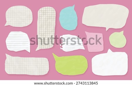 Collection of speech bubbles with torn paper textures, grid and lined patterns, ideal for school or creative communication designs, isolated on white background vector illustration