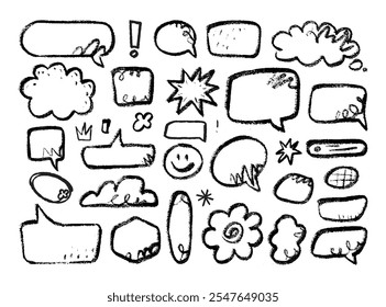 A collection of speech bubbles of various shapes, including classic soap bubbles, rectangular speech bubbles and more abstract shapes. The style of children's drawing or sketch.