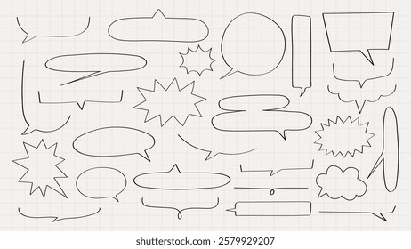 Collection of speech bubbles in various shapes. Speech bubbles for comics,  for notes, for design. Speech bubbles on grid. Message illustration vector.