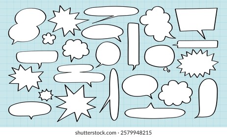 A collection of speech bubbles in various shapes on a grid background. Speech bubbles include clouds, stars, and ovals. Perfect for comics and graphic design. Message illustration vector.