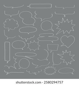Collection of speech bubbles in various shapes on a gray background. Speech bubbles include clouds, stars, and hearts. Speech bubbles for comics and design. Message illustration vector.