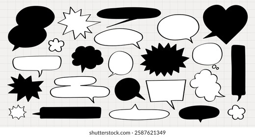 Collection of speech bubbles in various shapes and sizes. Speech bubbles in black and white. Comic-style speech bubbles for creative design. Speech bubbles for dialogue. Message illustration vector.