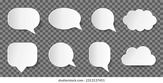 Collection of speech icons, clean inside. Bubble line style. Chat or idea icons, white with shadow on transparent background. Set of comics icons of different shapes: round, oval, rectangular. Vector 