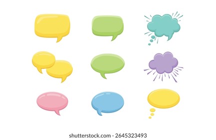 Collection of speech and thought bubbles in a colorful cartoon style. The set includes various glossy shapes for dialogue or social media, ideal for expressing quotes. Isolated on a white background.
