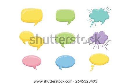 Collection of speech and thought bubbles in a colorful cartoon style. The set includes various glossy shapes for dialogue or social media, ideal for expressing quotes. Isolated on a white background.