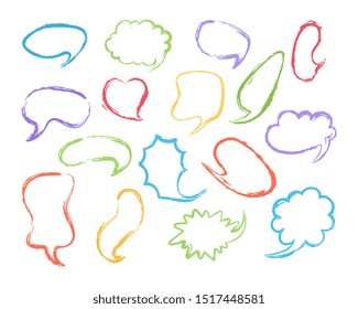 Collection speech and thought bubbles with grunge contour in different colors on white background.