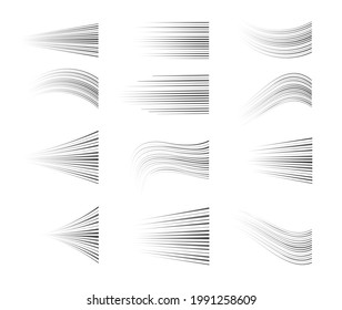 Collection of speed lines isolated on transparent white background. Black abstract vector lines, for cartoons, manga comics, fight template, stamp, forward effect.