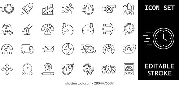 Collection of speed and time line icons, symbols of rapid movement, deadlines, and efficiency. editable stroke. Vector art represents fast pace and quick action.