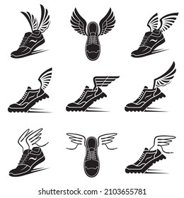 collection of speeding sport shoes with wings isolated on white background