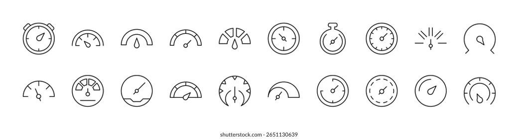 Coleção de ícones de linha relacionados ao velocímetro. Outline Signs para Gráficos e Web Design, Apps, Anúncios, Vários Cartões 