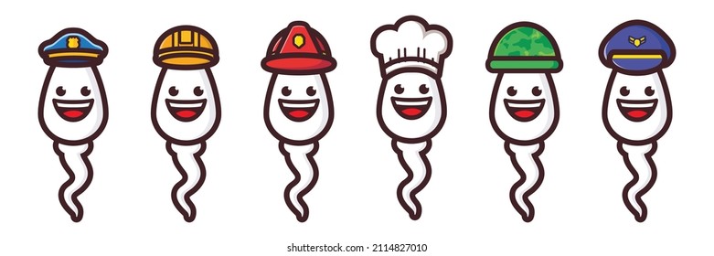 a collection of sperm characters wearing chef hats soldiers police pilots firefighters