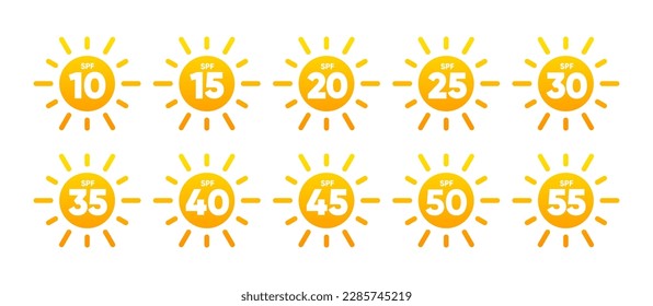 Collection of SPF sun protection icons for sunscreen packaging. UVA and UVB. SPF 10,15,20,25,30,35,40,45,50 plus. UV protection cream packaging label or other skin cosmetics. Vector illustration.