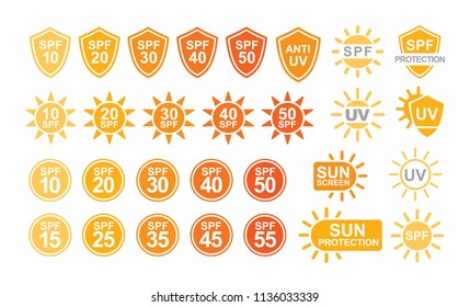 Collection of SPF and UV sun protection labels or signs isolated on white background. Colorful creative vector illustration in simple flat style for sunscreen and tan products or skin cosmetics