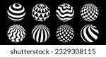 Collection of spheres with different patterns. Striped, checkered, waved and dotted 3d balls set. Black and white geometric elements for design templates, icons, logo. Abstract vector globes pack