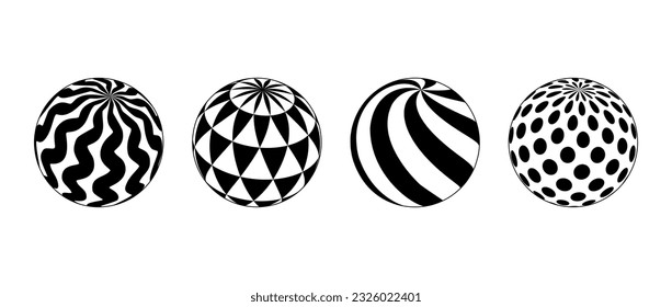 Colección de esferas con diferentes patrones. Bolas 3d rayadas, punteadas y onduladas. Elementos geométricos en blanco y negro para plantillas de diseño, iconos, logotipo. Paquete de globos vectoriales abstractos