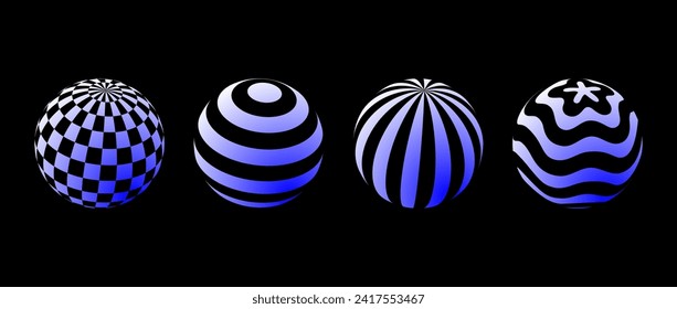 Collection of spheres with different patterns. Striped, checkered and waved 3d balls set. White and blue geometric elements for design template, icon, logo, banner, poster. Abstract vector globes pack