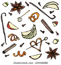 Collection of Spices and Fruit Slices. Anise, Cinnamon, Clove, Vanilla, Apple, Orange Peel. Hand Drawn Sketch Vector Illustration.