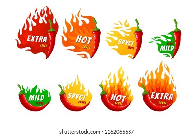 Collection spicy level of pepper with burning fire stickers vector flat illustration. Set spice seasonings scale mild, medium, hot and extra badges. Restaurant menu flavor paprika taste indicator