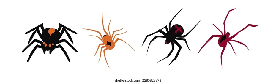 Collection of Spider, cobweb, isolated on white. Spiderweb for Halloween design. Spider web elements, spooky, scary, horror Halloween decor. Hand drawn silhouette, vector.