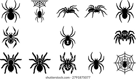 Collection of spider and spiderweb vector icons for halloween design projects featuring creepy arachnid species shapes.