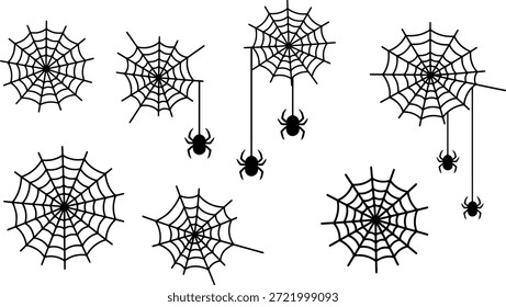 Eine Kollektion von Spinnennetz-Silhouetten mit Spinnen, Vektordesign-Elementen für Halloween oder gruselige Themen.