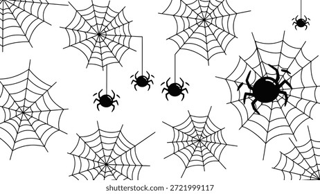 A collection of spider web silhouettes and spiders in a vector design bundle, perfect for Halloween and spooky designs