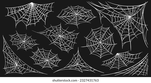 Collection of spider webs. Cobwebs on a black background for Halloween. Vector illustration