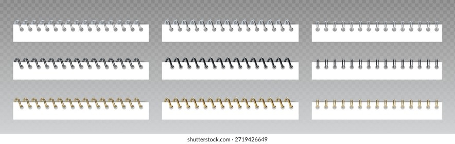 Colección de carpetas en espiral para cuadernos aislados sobre fondo transparente. Vector ilustración realista de anillos metálicos, dorados, negros en el borde de la libreta de papel, calendario o cuaderno de bocetos