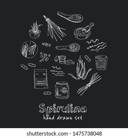 
Collection of spirulina: spirulina algae, pills and spirulina powder. Superfood hand drawn doodle set. Vector illustration. Isolated elements on chalkboard background. Symbol collection.