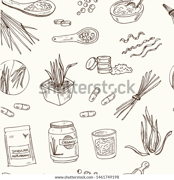 Collection of spirulina:\
spirulina algae, pills and spirulina powder. Superfood hand drawn\
doodle set. Vector illustration. seamless pattern Symbol\
collection.