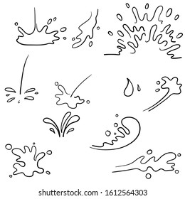collection of splash water with drops, a splash of falling water hand drawn doodle cartoon style