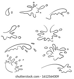 collection of splash water with drops, a splash of falling water hand drawn doodle cartoon style