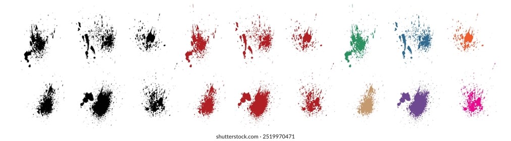 Coleção de splatter vermelho, laranja, verde, roxo, trigo, cor preta grunge textura crime sangue vetor fundo