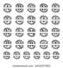 Uma coleção de letras do alfabeto dividido, cada um emoldurado por um design de coroa floral preto e branco. As letras são apresentadas em um formato de grade contra um fundo branco.