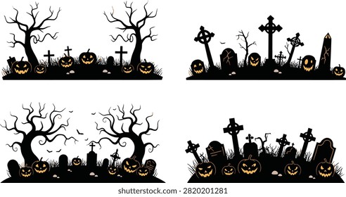 A collection of spooky Halloween cemetery border illustrations featuring haunted trees, carved pumpkins, gravestones, crosses, and eerie landscape elements. Perfect for party invitations, banners, posters, greeting cards, social media graphics, seasonal decorations, and printable Halloween designs.