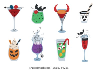 Coleção de coquetéis de Halloween assustadores em estilo de desenho animado plano. Chifres de diabo, morcegos, globos oculares e teias de aranha em óculos misteriosos com bebidas festivas. Ilustrações vetoriais definidas no plano de fundo branco