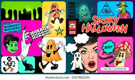 A collection of spooky halloween decorations, characters and stickers for designs! Vector illustration