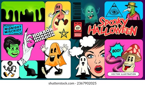 A collection of spooky halloween decorations, characters and stickers for designs! Vector illustration