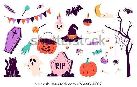 Collection of spooky Halloween elements. Hand drawn candies, skull with bones, bats, moon, coffin, severed hand, pumpkin, witch hat, black cat, ghost, tombstone, tree and potion. Vector illustration.