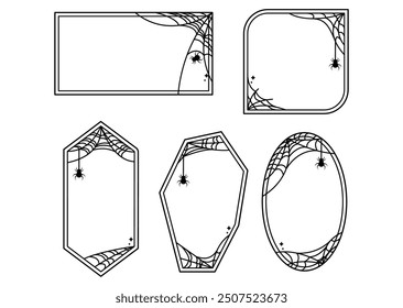 Collection of Spooky Halloween Frames decorated with spider web. Thin lines border for card invitation, sticker or label design.