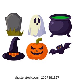 Collection of spooky Halloween icons, including a ghost, witch hat, pumpkin, and bat. Ideal for Halloween-themed projects. Colorful and playful design.