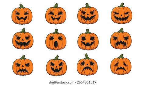 Coleção de caras assustadoras do dia das bruxas jack o lanterna expressando várias emoções