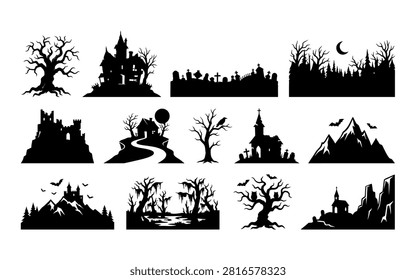 A collection of spooky Halloween landscapes and elements presented as black silhouettes against a white background, featuring castles, graveyards, and trees.