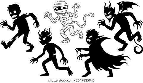 Collection of spooky halloween monsters in a dynamic silhouette style
